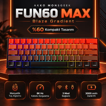 AKKO MONSGEEK FUN60 Max Shine-Through Blaze Gradient Hall Effect Manyetik Switch ARGB Kablosuz Hotswap Mekanik Gaming Klavye