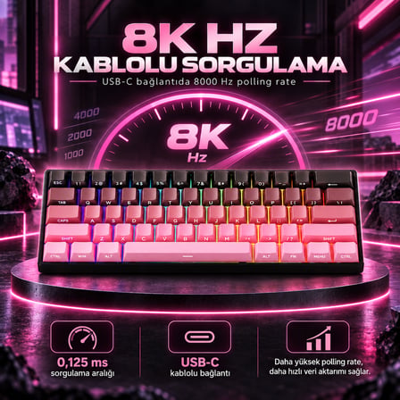 AKKO MONSGEEK FUN60 Max Shine-Through Black-Pink Gradient Hall Effect Manyetik Switch ARGB Kablosuz Hotswap Mekanik Gaming Klavye