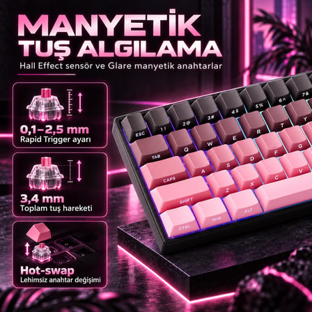 AKKO MONSGEEK FUN60 Max Shine-Through Black-Pink Gradient Hall Effect Manyetik Switch ARGB Kablosuz Hotswap Mekanik Gaming Klavye