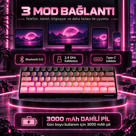 AKKO MONSGEEK FUN60 Max Shine-Through Black-Pink Gradient Hall Effect Manyetik Switch ARGB Kablosuz Hotswap Mekanik Gaming Klavye