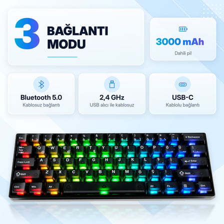 AKKO MONSGEEK FUN60 MAX Black Hall Effect Glare Manyetik Switch 8K Hz ARGB Kablosuz Hotswap Türkçe Mekanik Gaming Klavye