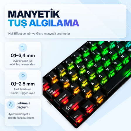 AKKO MONSGEEK FUN60 MAX Black Hall Effect Glare Manyetik Switch 8K Hz ARGB Kablosuz Hotswap Türkçe Mekanik Gaming Klavye