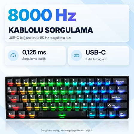 AKKO MONSGEEK FUN60 MAX Black Hall Effect Glare Manyetik Switch 8K Hz ARGB Kablosuz Hotswap Türkçe Mekanik Gaming Klavye