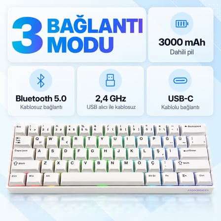 AKKO MONSGEEK FUN60 Max White Hall Effect Glare Manyetik Switch 8K Hz ARGB Kablosuz Hotswap Türkçe Mekanik Gaming Klavye