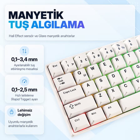 AKKO MONSGEEK FUN60 Max White Hall Effect Glare Manyetik Switch 8K Hz ARGB Kablosuz Hotswap Türkçe Mekanik Gaming Klavye