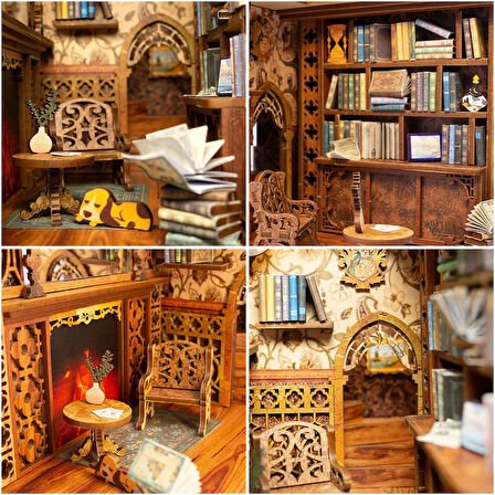 CUTEBEE Book Nook Sihirli Kütüphane Kiti – DIY oyuncak bebek evleri minyatür ev kiti, mobilya ve LED ışıklı, 3D yapboz ahşap kitap destekleri, yetişkinler için yapı setleri (Eternal Bookstore)