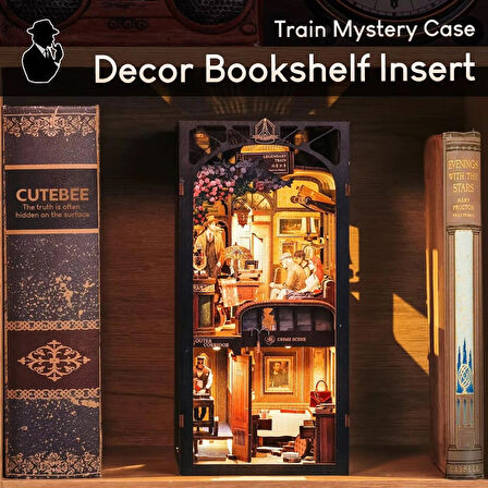 Ahşap Book Nook Kiti, Toz Koruma Kılıflı, Kendin Yap Oyuncak Bebek Evleri, Minyatür Ev Kiti, LED Işıklı, Booknook Evleri, Yetişkinler Için Model Yapı Setleri - Train Mystery Case (BN01B-AMZ01)