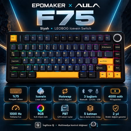 AULA F75 Siyah LEOBOG Icevein Switch RGB Kablosuz Hotswap Mekanik Gaming Klavye