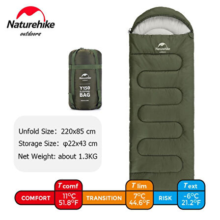 Naturehike Y150L Zarf Tarzı Kapüşonlu Pamuklu Uyku Tulumu -6°C YEŞİL-Right