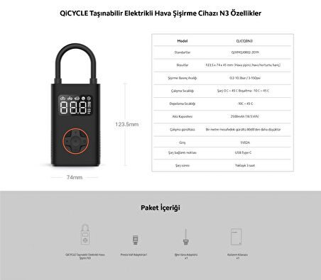 QiCYCLE N3 Elektrikli Taşınabilir Hava Pompası (Genpa Garantili)