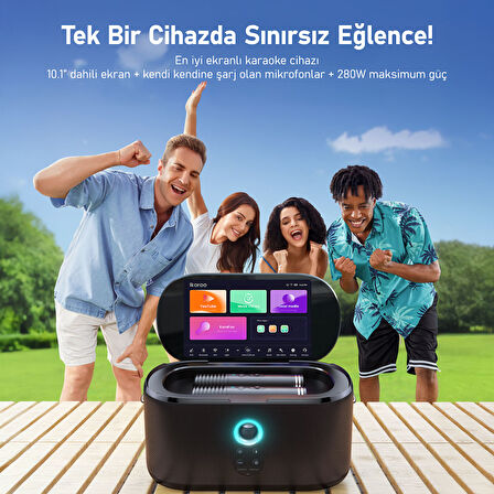 Ikarao Partybox Shell S1 280W Karaoke Bluetooth Hoparlör Seti, 10.1" Dahili Tablet, 2 Kablosuz Otomatik Şarjlı Mikrofon, RGB Işıklı Taşınabilir Ses Bombası Siyah