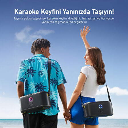 Ikarao Partybox Shell S1 280W Karaoke Bluetooth Hoparlör Seti, 10.1" Dahili Tablet, 2 Kablosuz Otomatik Şarjlı Mikrofon, RGB Işıklı Taşınabilir Ses Bombası Siyah