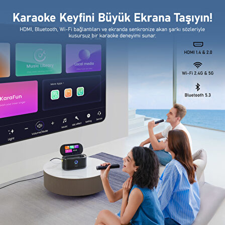 Ikarao Partybox Shell S1 280W Karaoke Bluetooth Hoparlör Seti, 10.1" Dahili Tablet, 2 Kablosuz Otomatik Şarjlı Mikrofon, RGB Işıklı Taşınabilir Ses Bombası Siyah