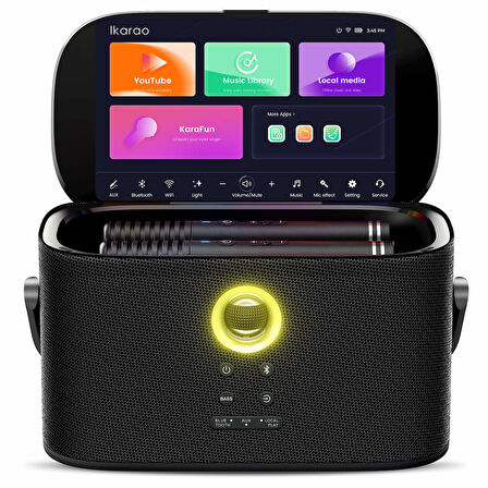 Ikarao Partybox Shell S2 140W Karaoke Bluetooth Hoparlör Seti, 8" Dahili Tablet, 2 Kablosuz Mikrofon, RGB Işıklı Taşınabilir Ses Bombası, Siyah
