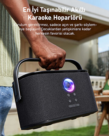 Ikarao Partybox Shell S2 140W Karaoke Bluetooth Hoparlör Seti, 8" Dahili Tablet, 2 Kablosuz Mikrofon, RGB Işıklı Taşınabilir Ses Bombası, Siyah