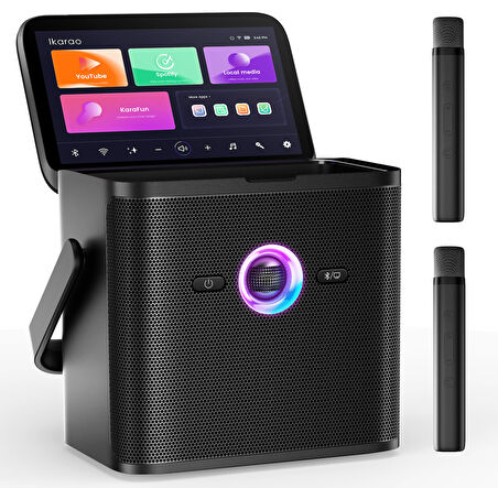 Ikarao Partybox Shell S3 80W Karaoke Bluetooth Hoparlör Seti, 7.1" Dahili Tablet, 2 Kablosuz Mikrofon, RGB Işıklı Taşınabilir Ses Bombası, Siyah