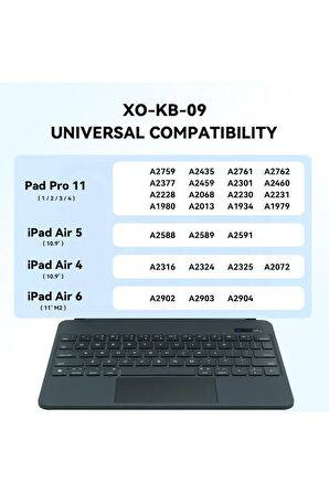 Kablosuz Klavye KB09 - iPad 10.9''/11'' Uyumlu, Touchpad’li, Dijital Ekranlı, Türkçe Q, Şarjlı