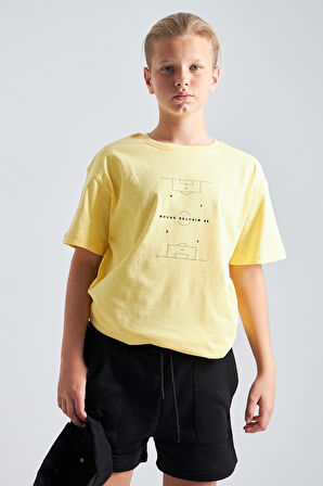 Futbol Sahası Desenli %100 Pamuk Erkek Çocuk  Oversize Tişört