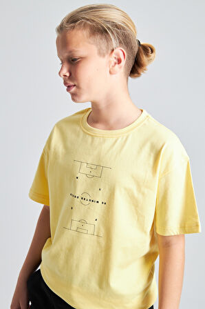 Futbol Sahası Desenli %100 Pamuk Erkek Çocuk  Oversize Tişört