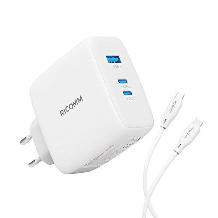 Ricomm 100W GaN 3 Portlu USB-C + USB-A Şarj Aleti Notebook & MAcbook iPhone QC5.0 PD Type-C Hızlı Şarj Cihazı + 100W Şarj Kablosu