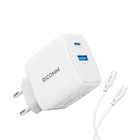 Ricomm 65W GaN USB-C + USB-A Şarj Aleti iPhone & iPad & Macbook &Samsung & Notebook Hızlı Şarj Cihazı + 2 Metre 100W Type-C Şarj Kablosu
