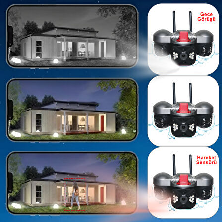 Apronx 6MP Wi-Fi Kamera | 3 Lens Üçlü Görüş PTZ Güvenlik Kamerası | Dış Mekan | Gece Renkli Görüş
