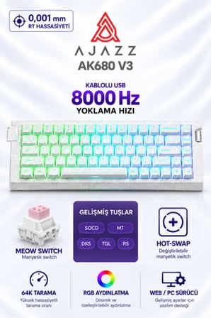 AK680 V3 8000 Hz Manyetik RGB Oyuncu Klavyesi Beyaz Contour Meow Meow