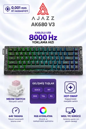 AK680 V3 8000 Hz Manyetik RGB Oyuncu Klavyesi Siyah Contour Meow Meow
