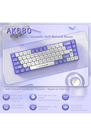 Ajazz Ak680 65% Kablolu Hotswap Mekanik Oyun Klavyesi, 68 Tuşlu Anti-ghosting Mor Beyaz, Blue Switch