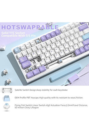 Ajazz Ak820 Pro Mekanik Rgb Oyun Klavyesi,3 Modlu Tft Renkli Ekran Cnc Düğmeli 81 Tuş Mor Beyaz