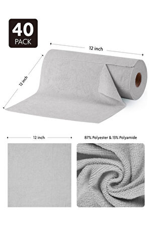 Çok Amaçlı Rulo Mikrofiber Temizlik Bezi 30x30 40 Yapraklı Gri