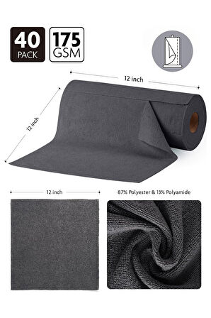 Çok Amaçlı Rulo Mikrofiber Temizlik Bezi 30x30 40 Yapraklı Koyu Gri