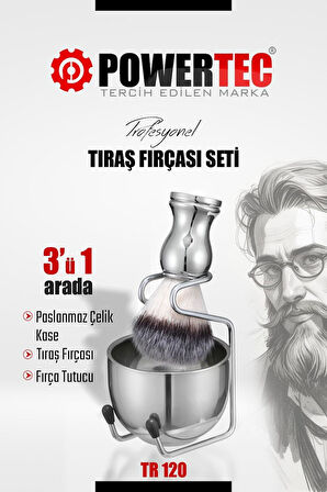 TR-120 Profesyonel Paslanmaz Çelik Tıraş Fırçası Seti 3'ü 1 Arada