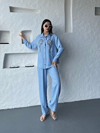 İşleme Detaylı Gömlek & Pantolon Keten İkili Takım