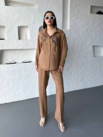 İşleme Detaylı Gömlek & Pantolon Keten İkili Takım