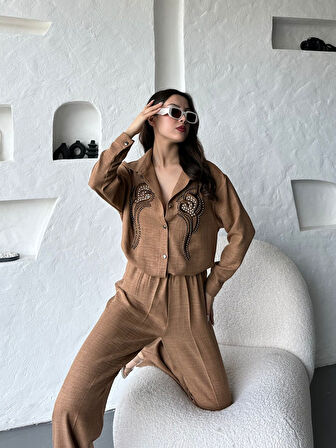 İşleme Detaylı Gömlek & Pantolon Keten İkili Takım