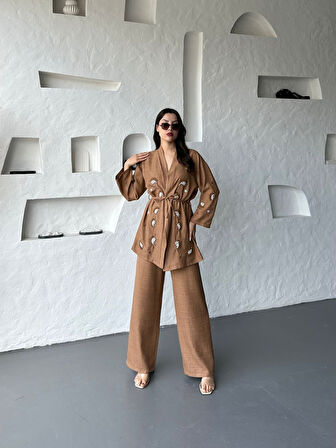Nakış İşlemeli Kimono & Pantolon İkili Takım