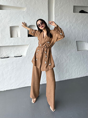 Nakış İşlemeli Kimono & Pantolon İkili Takım