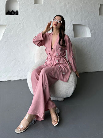 Nakış İşlemeli Kimono & Pantolon İkili Takım