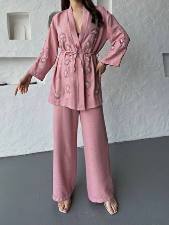 Nakış İşlemeli Kimono & Pantolon İkili Takım
