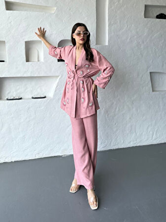 Nakış İşlemeli Kimono & Pantolon İkili Takım