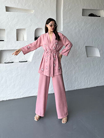 Nakış İşlemeli Kimono & Pantolon İkili Takım