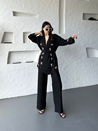 Nakış İşlemeli Kimono & Pantolon İkili Takım