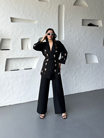 Nakış İşlemeli Kimono & Pantolon İkili Takım