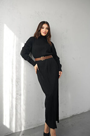 TRİKO MAXİ BOY KEMER DETAYLI ELBİSE