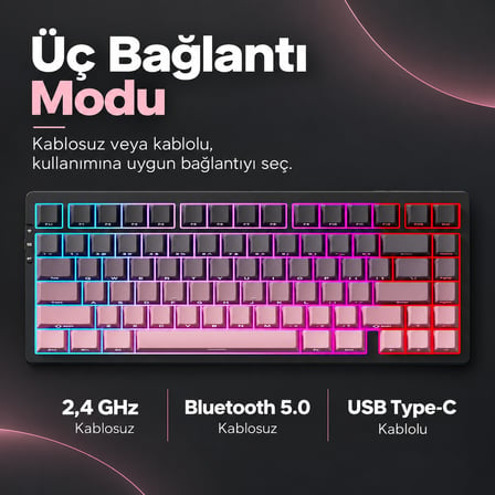 MCHOSE G75 Pro Black Pink %75 Matcha Latte Switch V2 Hotswap RGB Kablosuz İngilizce Mekanik Gaming Klavye (MC-G75-16)
