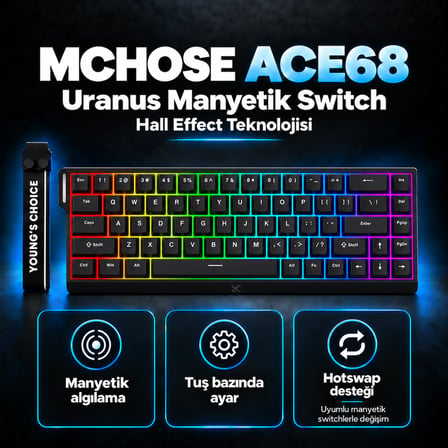 MCHOSE Ace68 E-sport Black %65 Hall Effect Uranus Manyetik Switch RGB Hotswap Mekanik Gaming Klavye (MC-Ace68-5)