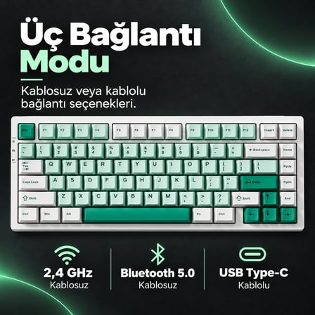 MCHOSE G75 Pro Green %75 Matcha Latte Switch Hotswap RGB Kablosuz İngilizce Mekanik Gaming Klavye (G75-9A)