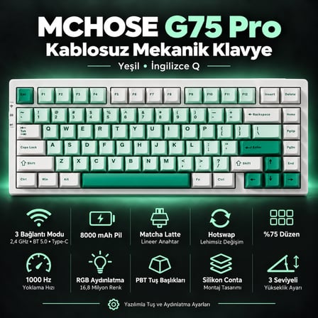 MCHOSE G75 Pro Green %75 Matcha Latte Switch Hotswap RGB Kablosuz İngilizce Mekanik Gaming Klavye (G75-9A)