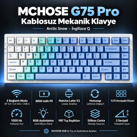 MCHOSE G75 Pro Arctic Snow %75 Matcha Latte Switch V2 Hotswap RGB Kablosuz İngilizce Mekanik Gaming Klavye (G75-12A)